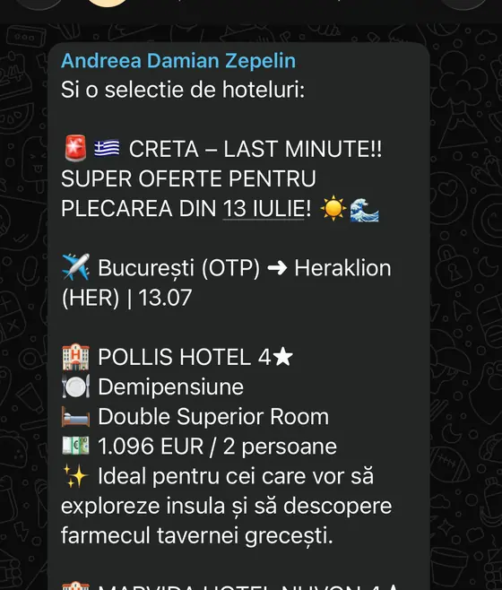 Anunț real din grup: Creta Last Minute, plecare 13.07 din București, hoteluri 4★ de la 1.096 €/2 pers — postat de Andreea, Zepelin Tour.