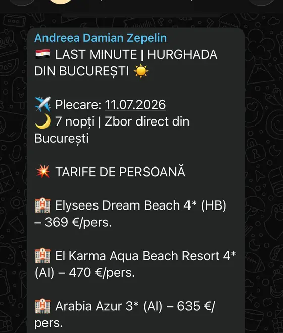 Anunț real din grup: Last Minute Hurghada din București, 7 nopți, de la 369 €/pers, plecare 11.07 — postat de Andreea, Zepelin Tour.
